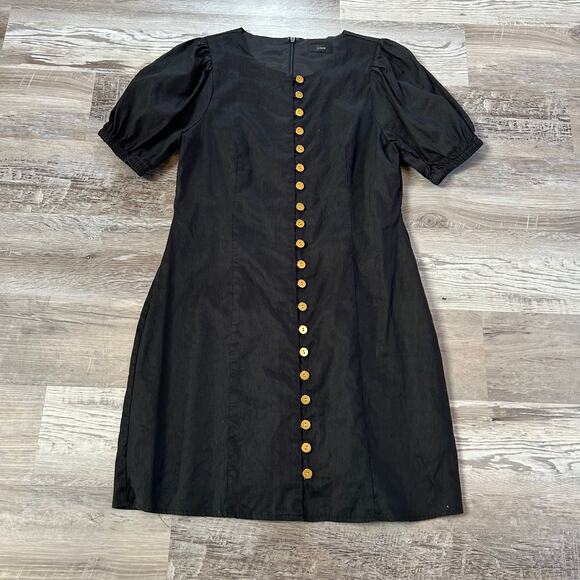 J.Crew Black Linen Button-Front Midi Dress Puff Sleeves Lined Size 4 - Picture 2 of 8
